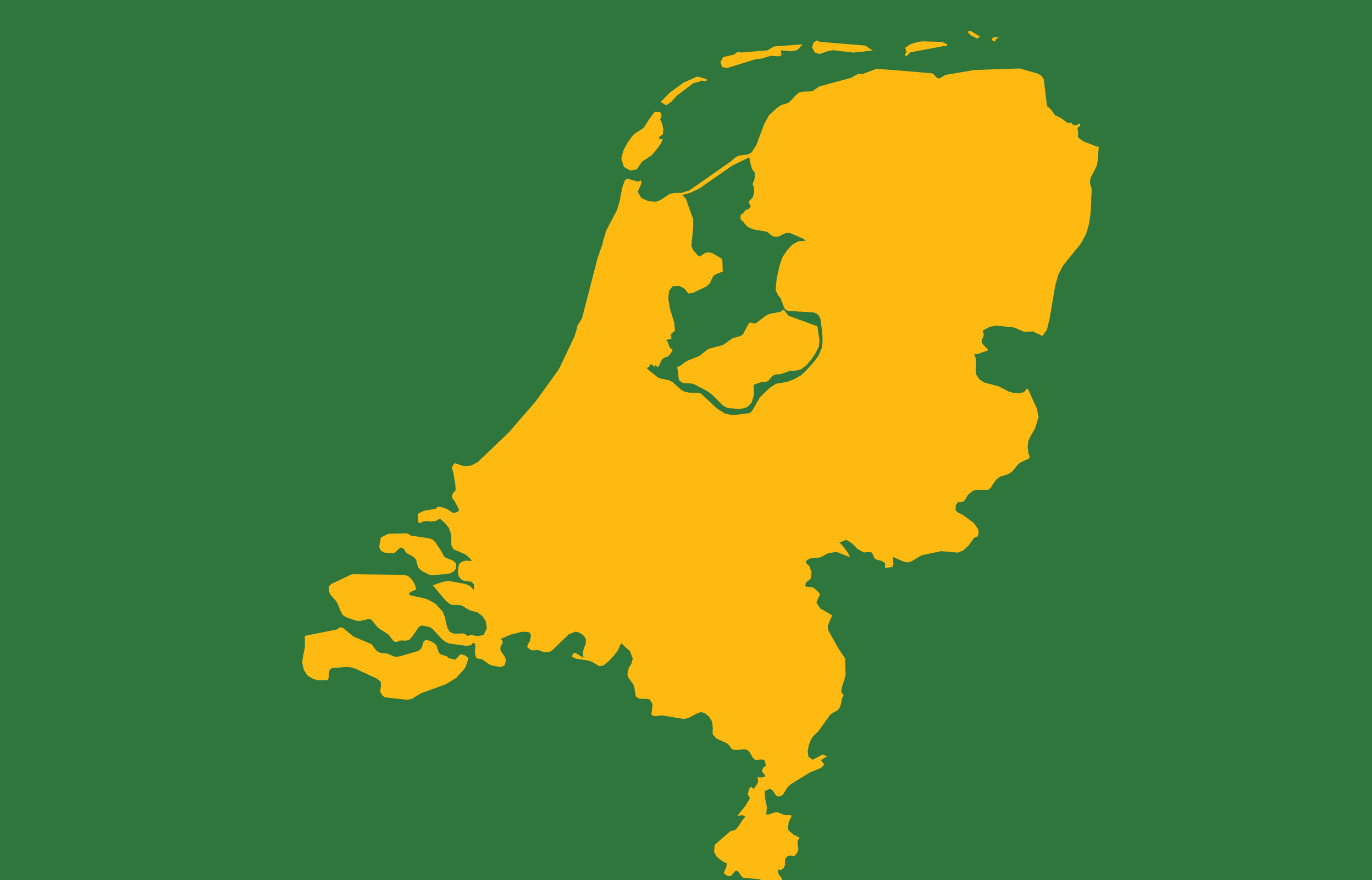Outline of the Netherlands in yellow atop a dark green background